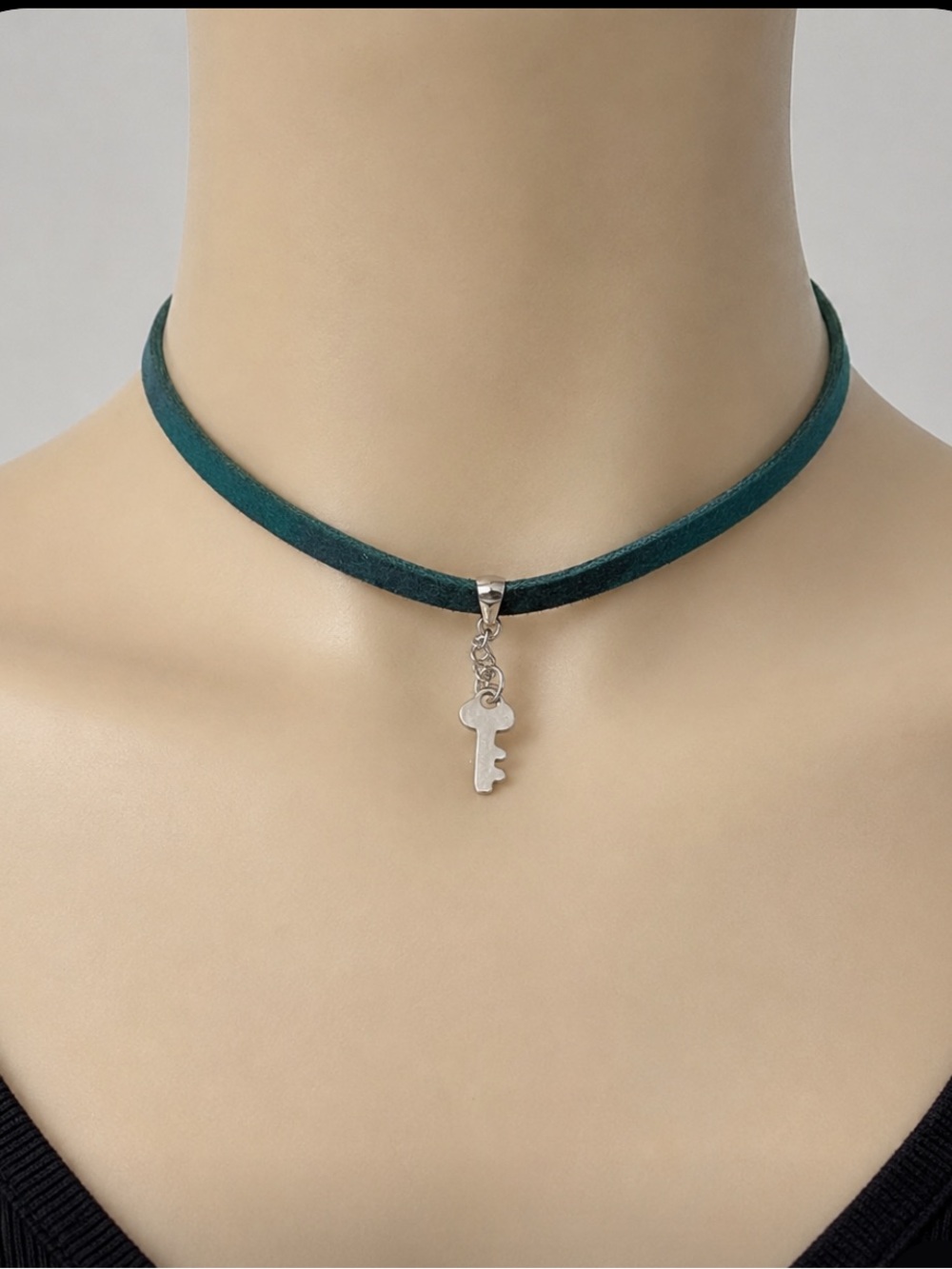 Key Charm Teal Genuine Leather Adjustable Choker Necklace — Handmade in Canada